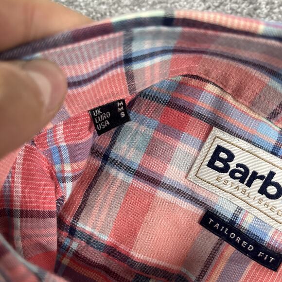 Barbour Shirt Mens Small Peach Pink Plaid Easter Spring Cotton Button Down Dress - Picture 4 of 13